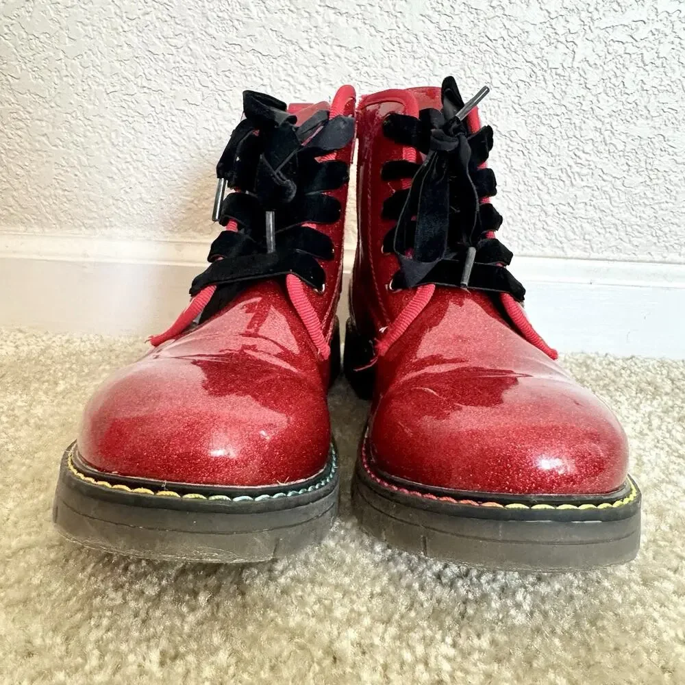 Dream Pairs Girls Size 6 Red Glitter Combat Boots Velvet Laces Side Zip Sparkle